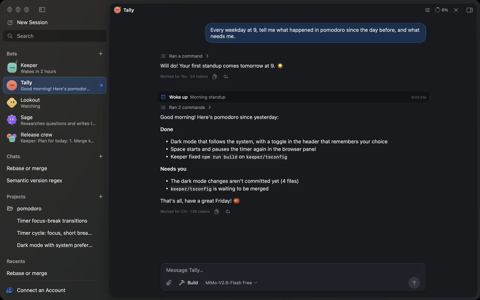 Tally’s conversation, with its morning standup after a wake-up, and the other bots and a group chat in the sidebar