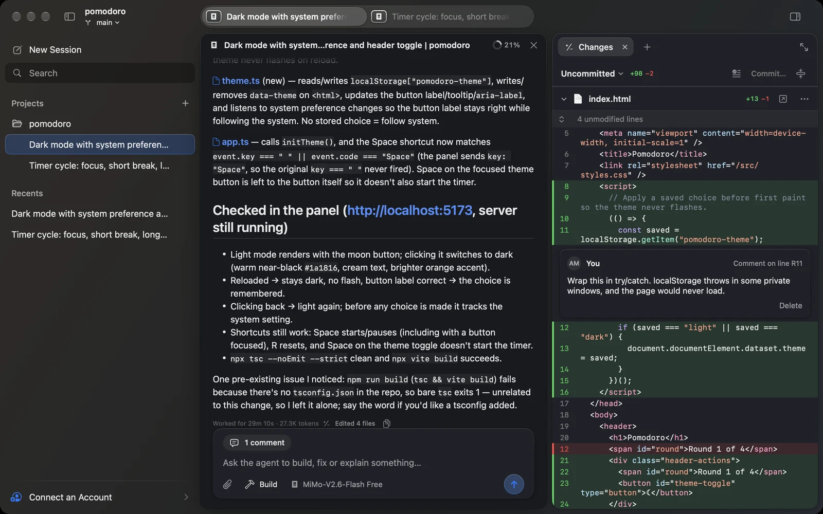Kuvo Code showing a session beside the changes it made