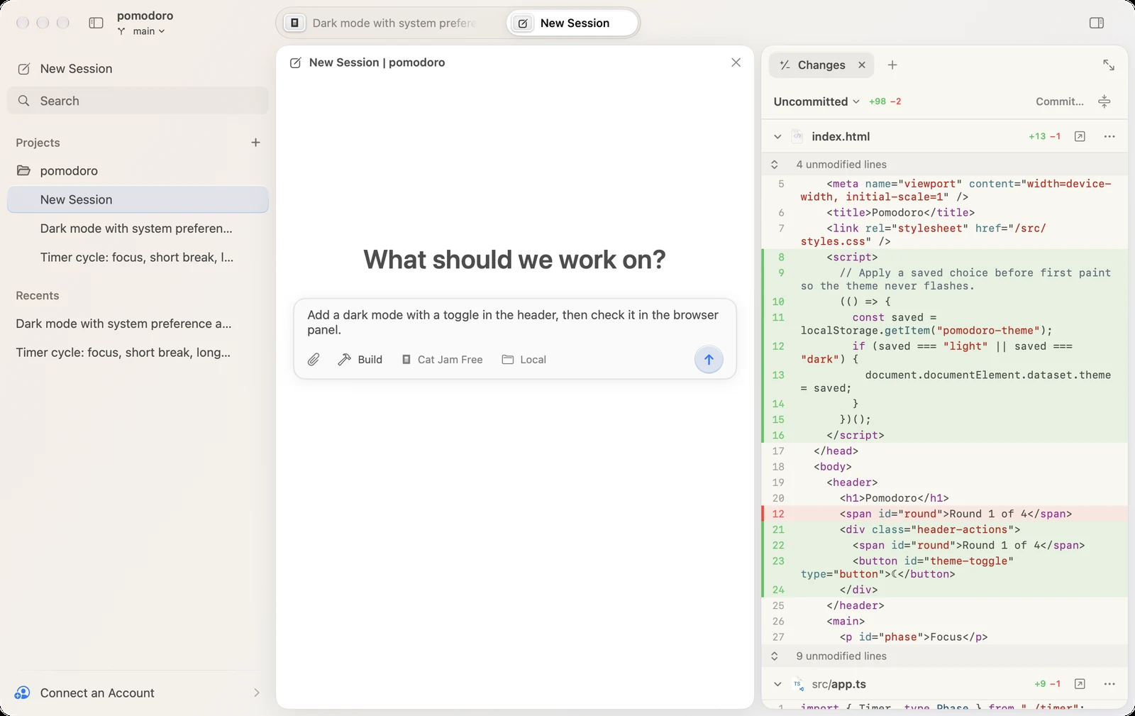 A new session in the pomodoro project, with a message typed in the composer and the project’s changes in the side panel