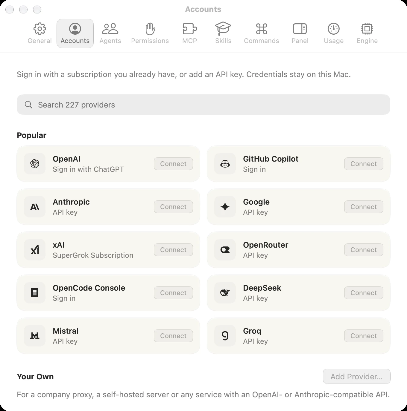 Settings › Accounts, with a search field and the popular providers
