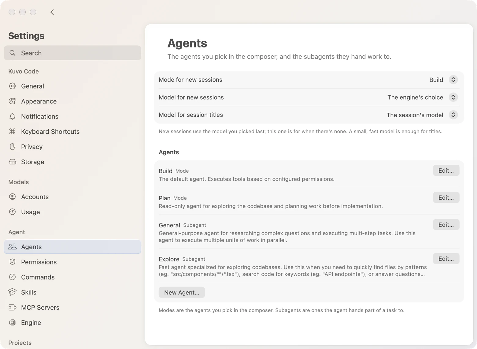Settings › Agents, with the defaults for new sessions and the Build, Plan, General and Explore agents