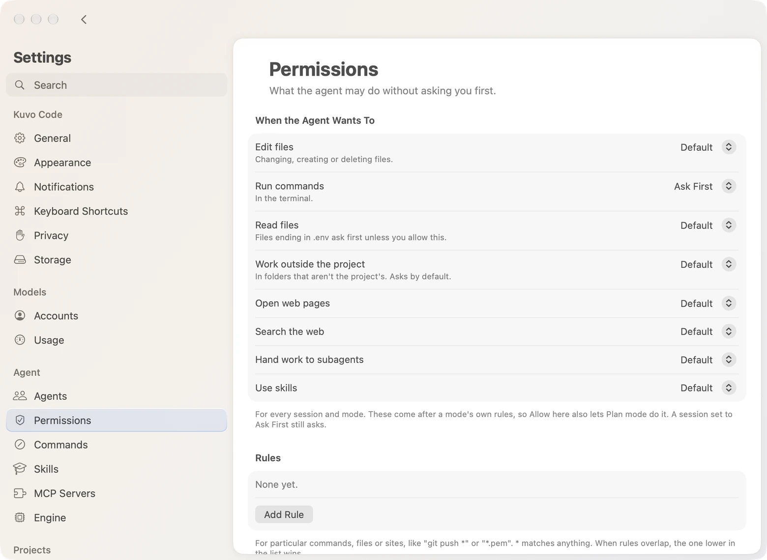 Settings › Permissions, set to ask before running commands