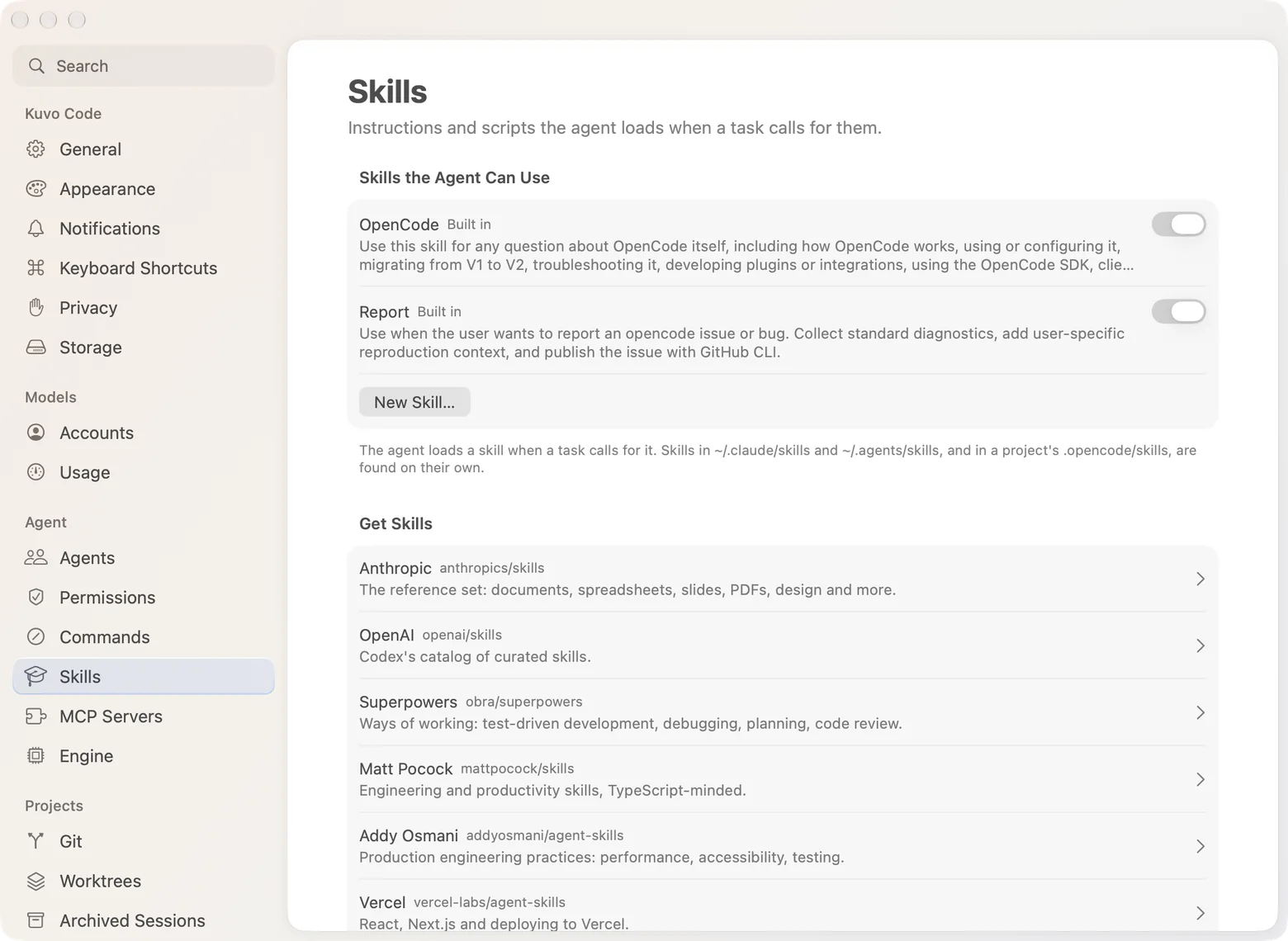 Get Skills in Settings › Skills, listing collections on GitHub