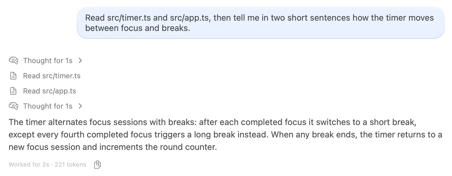 A finished turn: thinking, two files read, the reply, and how long it took