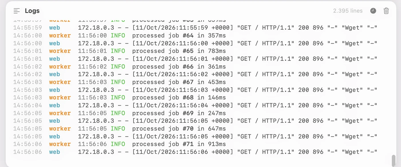 Merged logs from a web server and a worker, labeled by service