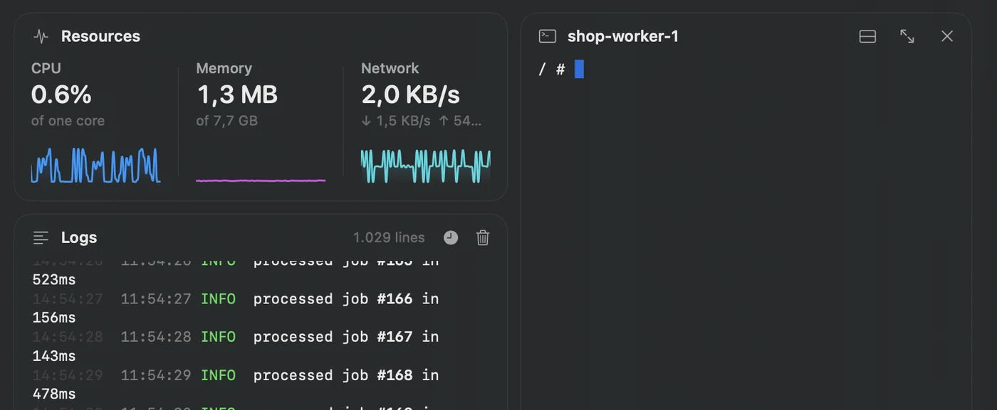 A terminal pane open next to a container's resource graphs and logs