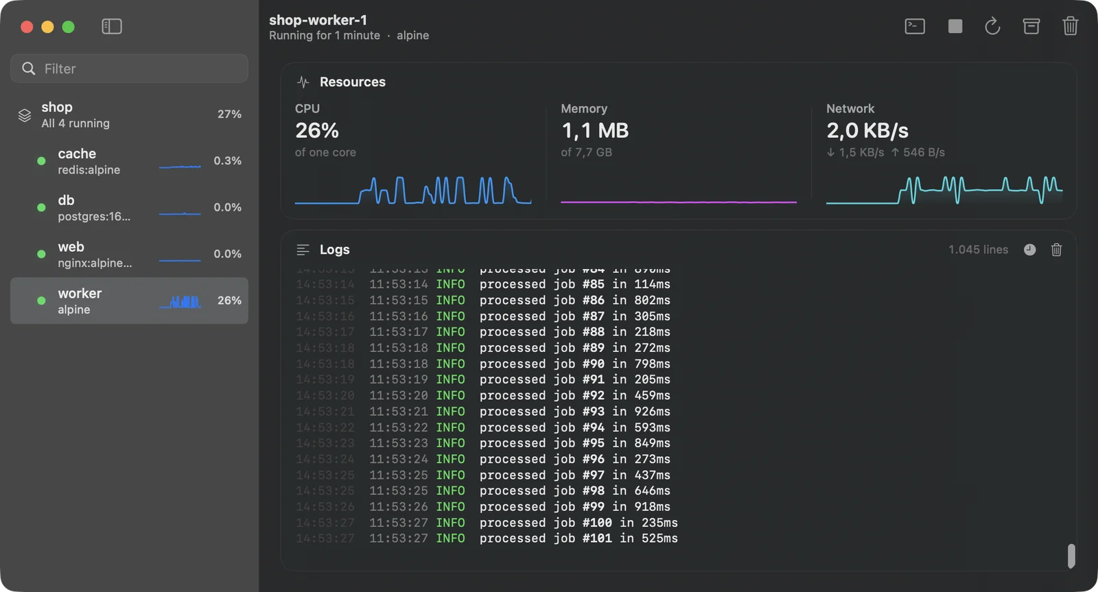 Kuvo showing a Compose project's containers, live resource graphs and logs