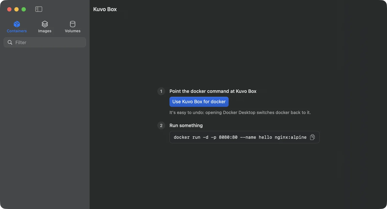 The empty window with two steps: Use Kuvo Box for docker, then a docker run command to copy