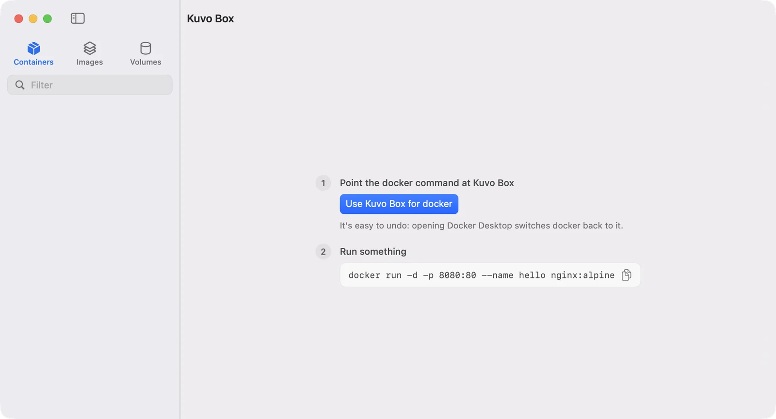 The empty window with two steps: Use Kuvo Box for docker, then a docker run command to copy
