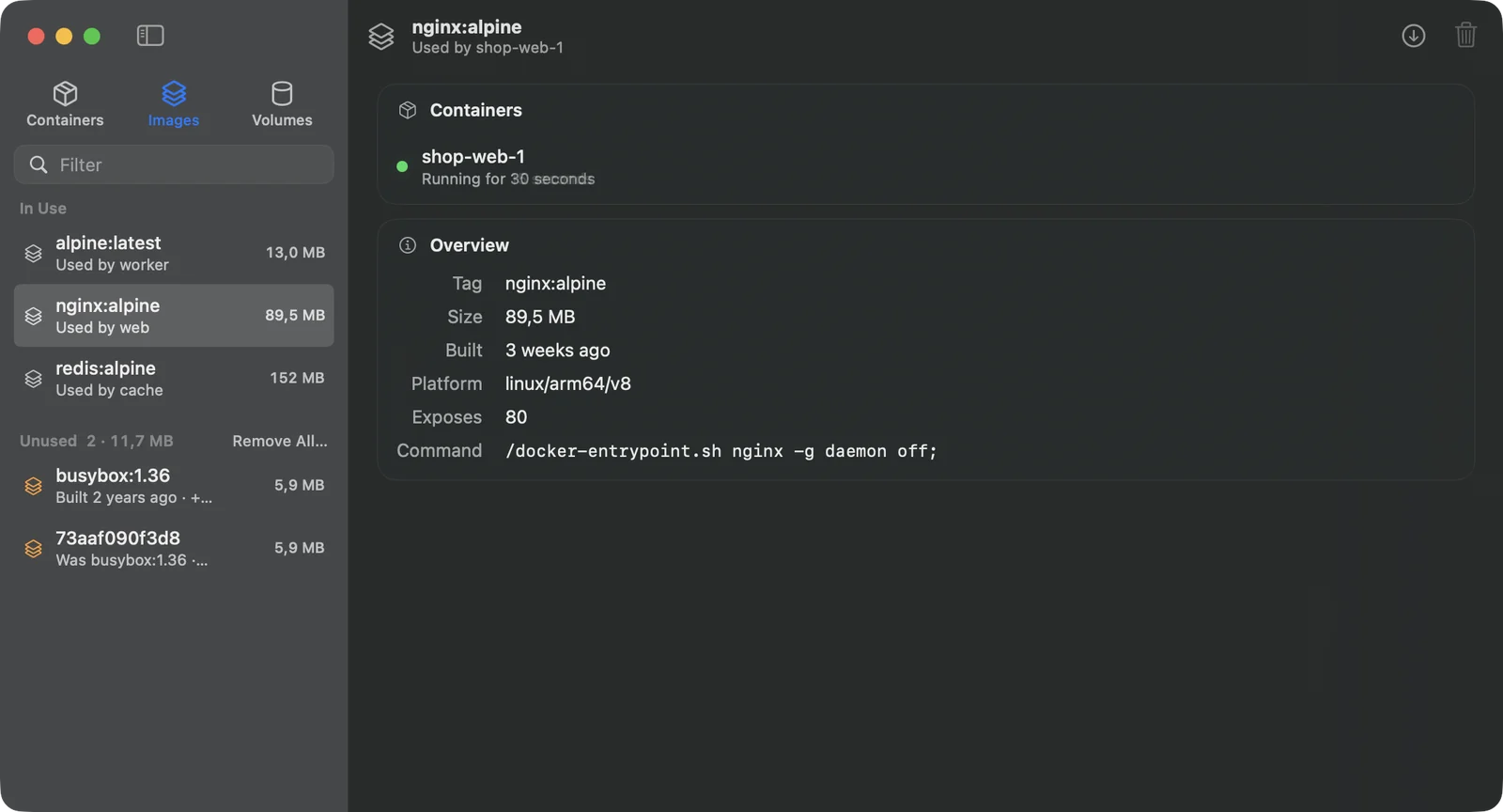 The Images tab: images in use and unused, with nginx:alpine selected, showing the container that uses it and its tag, size, platform, port and command