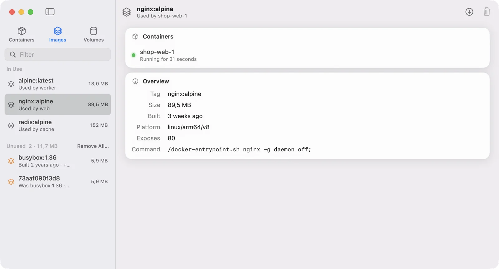 The Images tab: images in use and unused, with nginx:alpine selected, showing the container that uses it and its tag, size, platform, port and command