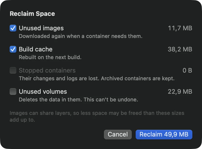 The Reclaim Space sheet, with unused images and build cache checked, and stopped containers and unused volumes left for you to choose