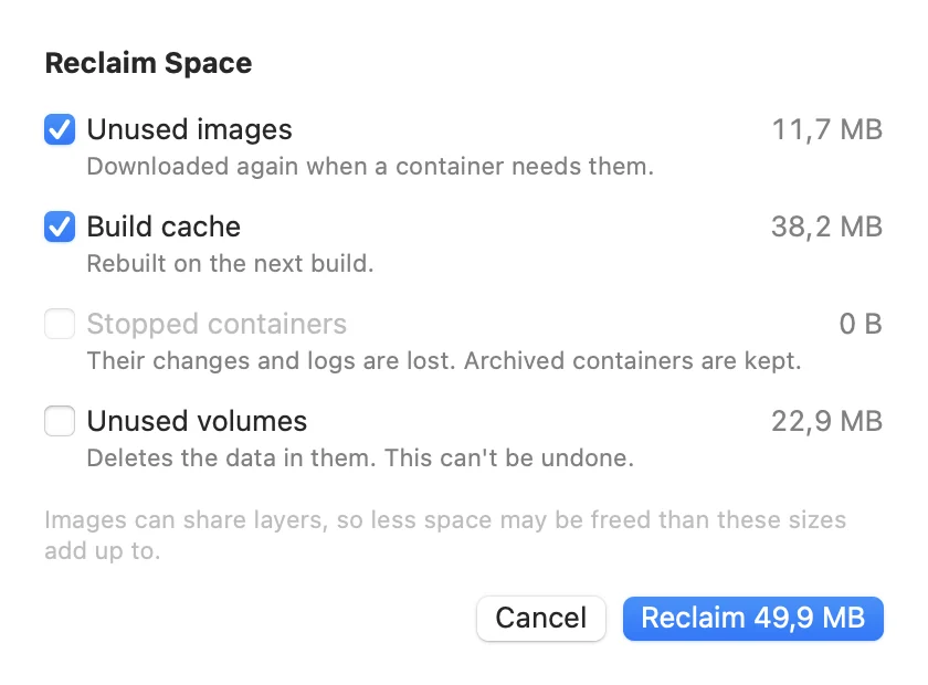 The Reclaim Space sheet, with unused images and build cache checked, and stopped containers and unused volumes left for you to choose
