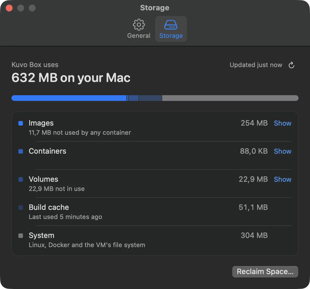 The Storage page: how much space Kuvo Box takes on the Mac, split into images, containers, volumes, build cache and system