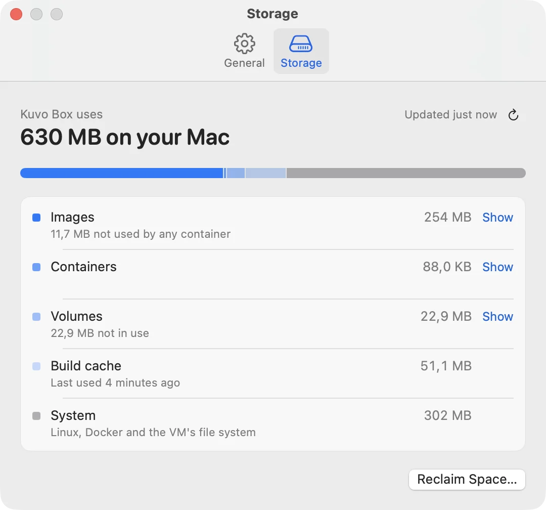 The Storage page: how much space Kuvo Box takes on the Mac, split into images, containers, volumes, build cache and system